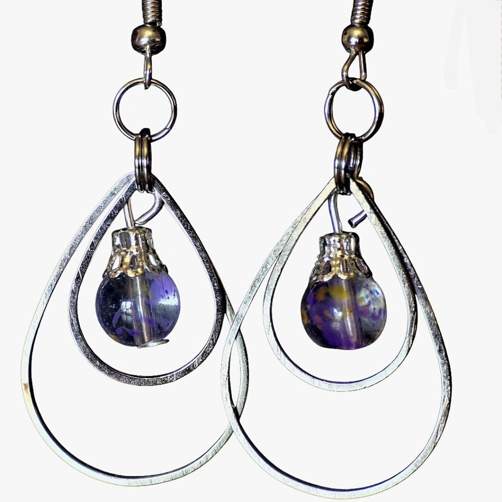 🟢 HAND-MADE Dangling Dreamy Teardrop Glass Drop Bead Metal Frame Earrings